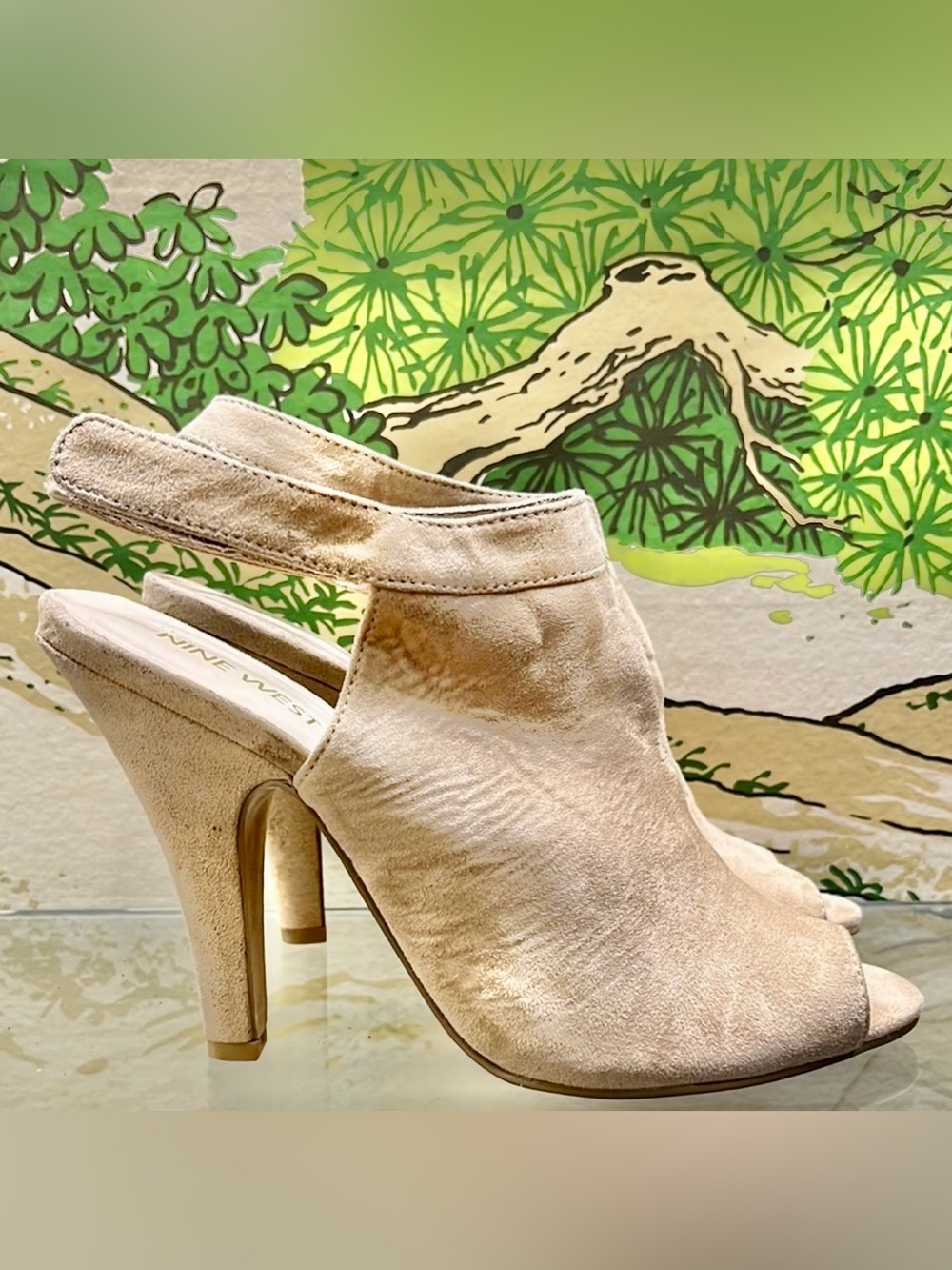 NINE WEST Tan Peep Toe Heels with Suede Finish (velcro closure)